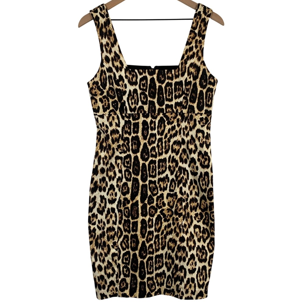 Alice + Olivia Leopard Print Mesh Back Sheath Dress Sz 8 Tan Black Bodycon